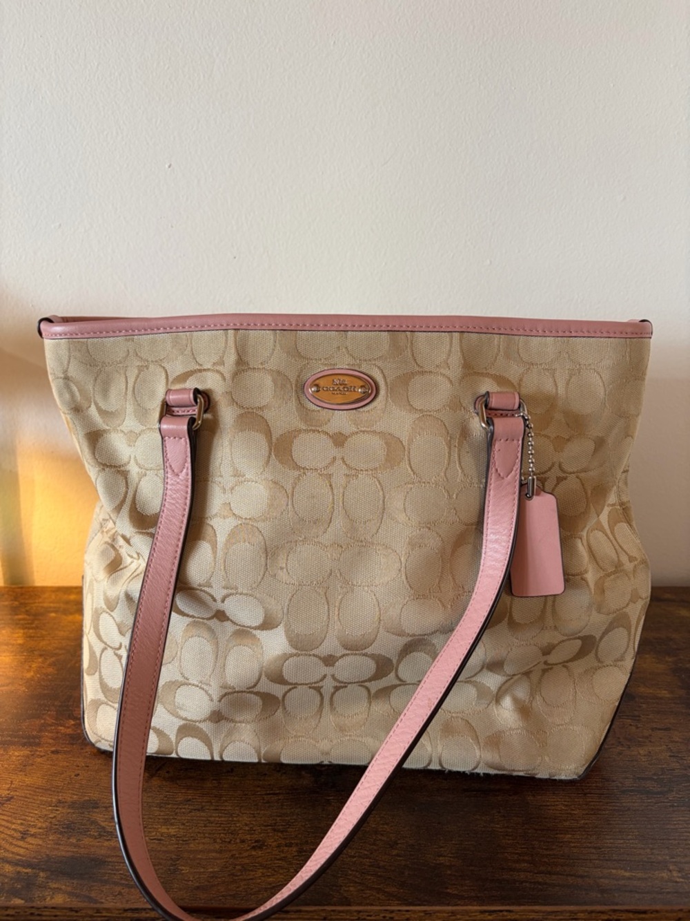 Coach Beige Signature Canvas Tote with Pink Leather Trim and Straps